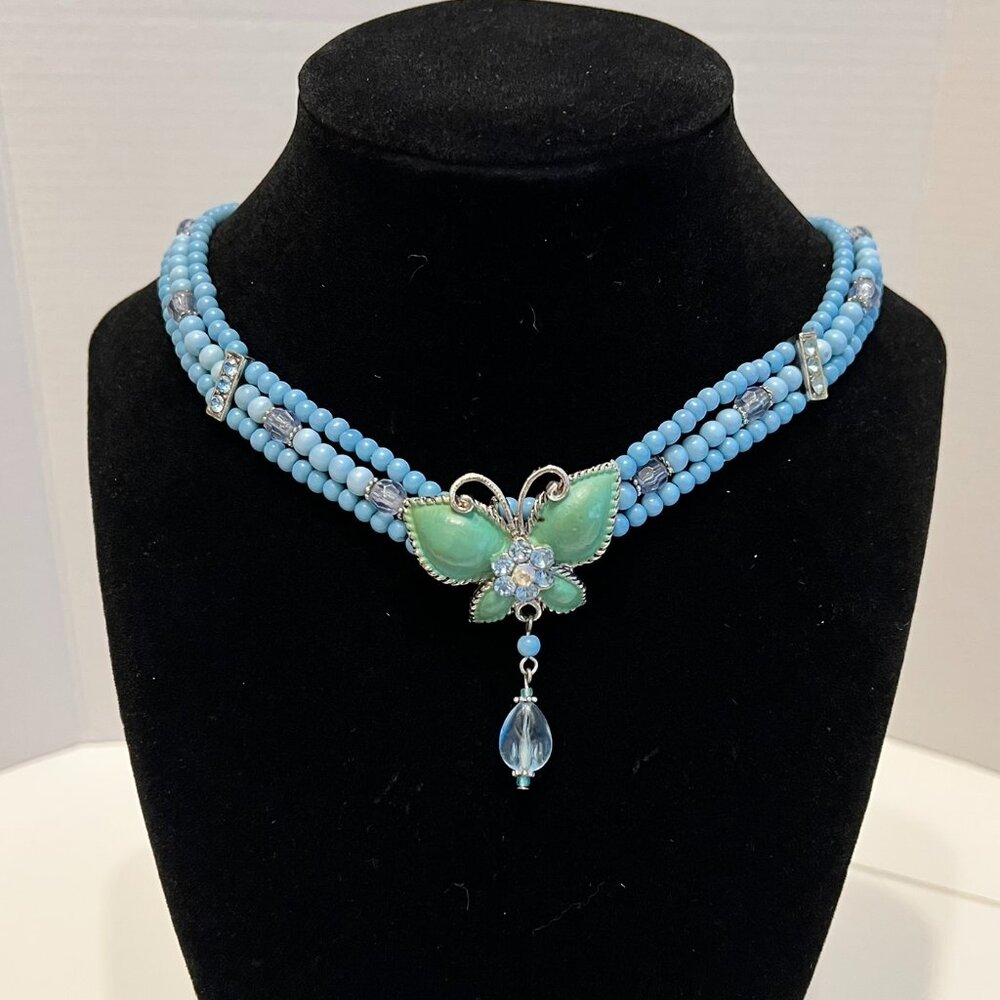 Turquoise Bead & Jade Butterfly Statement Necklace SO DELICATE & PRETTY!